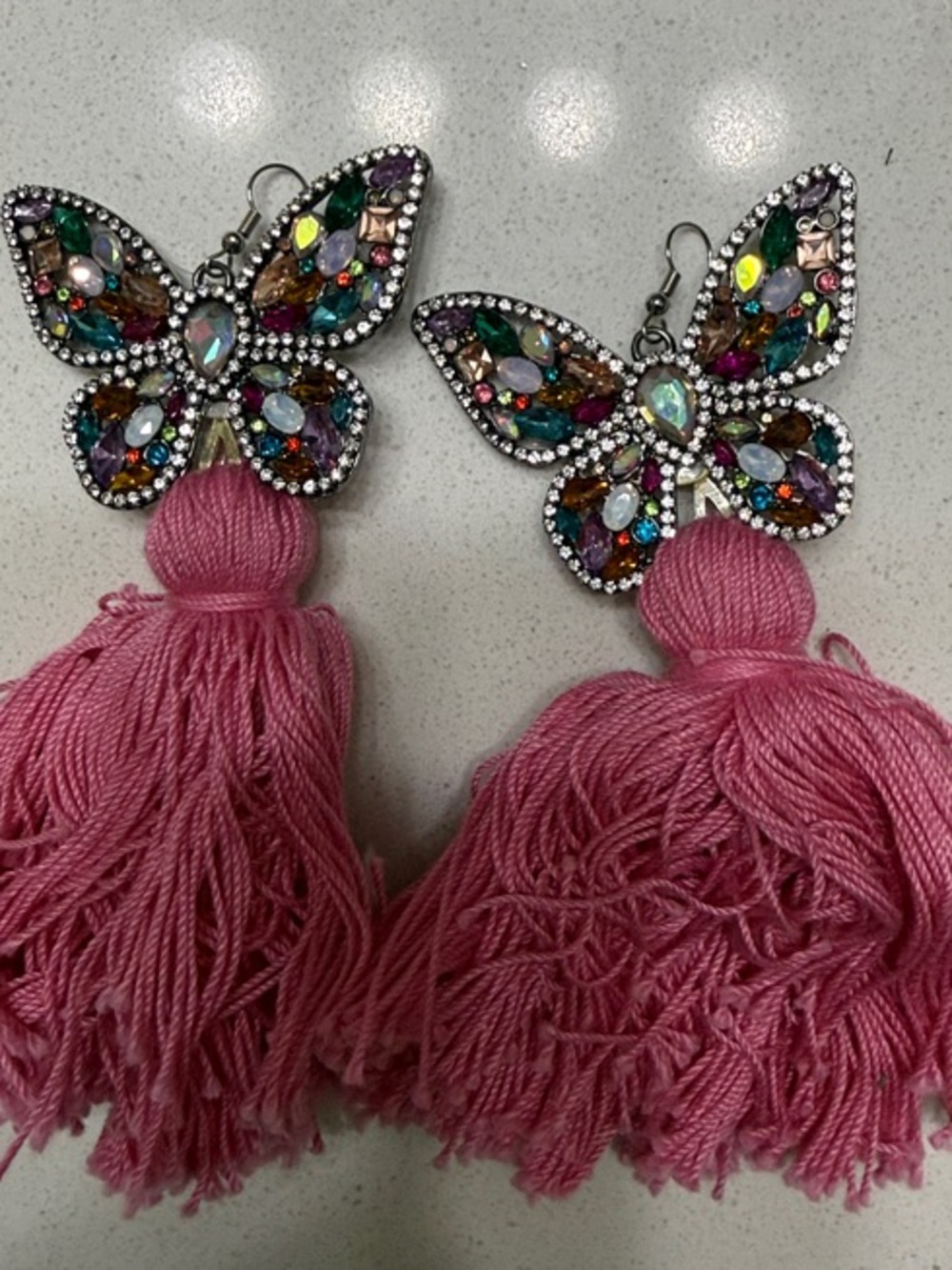 Pink Tassel Butterfly Drop Earrings - Statement Women Jewelry (handmade)